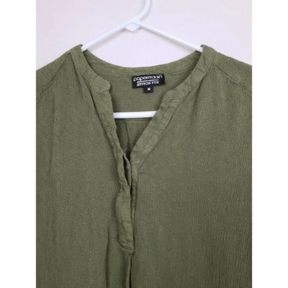 Paper Moon Stitch Fix Womens BOHO Top Medium‎ Olive Green 3/4 Sleeve Casual
